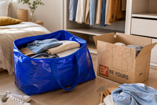 Bolsa XXL azul y caja de cartón Be Yours con ropa doblada durante una mudanza
