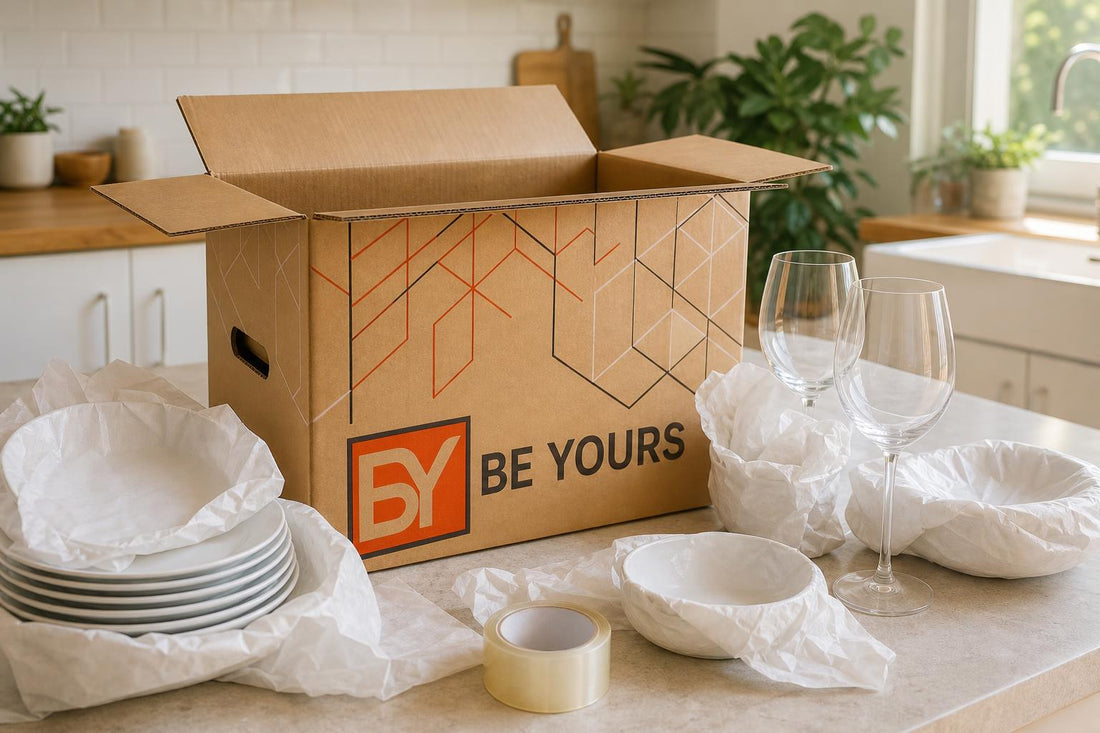 Caja de mudanza BY Be Yours en una cocina con platos y copas envueltos en papel listos para embalar