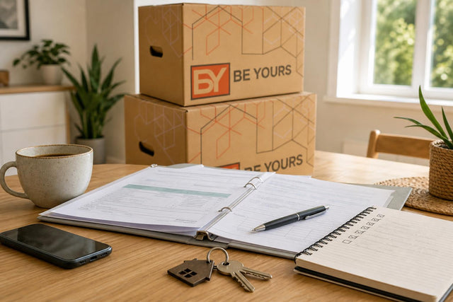 Documentos y llaves sobre una mesa junto a cajas de mudanza Be Yours para el cambio de domicilio