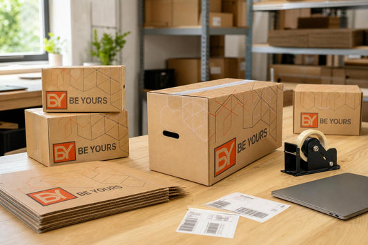 Zona de preparación de pedidos de ecommerce con cajas de cartón Be Yours