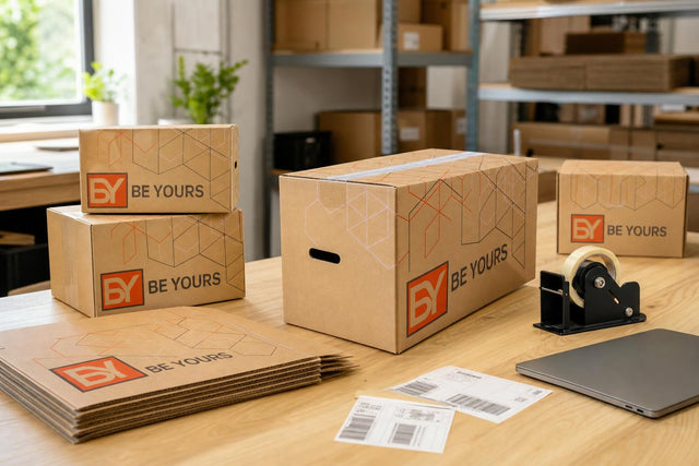 Zona de preparación de pedidos de ecommerce con cajas de cartón Be Yours