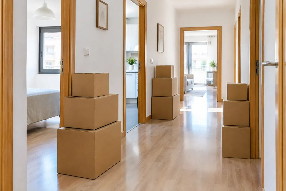 Cajas de mudanza según tamaño de vivienda: cajas de cartón de tres medidas apiladas en el pasillo de un piso