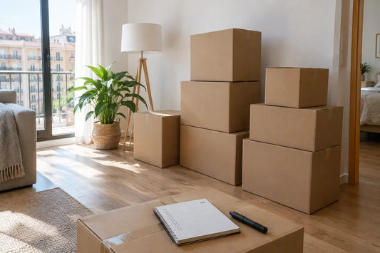 Cómo organizar una mudanza: salón con cajas de cartón apiladas y una lista de tareas