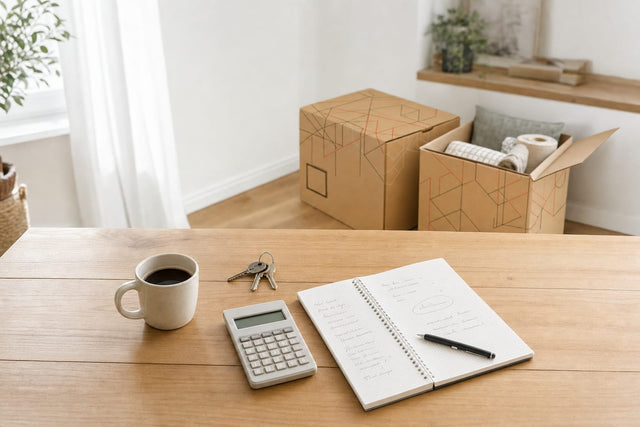 Calculadora, cuaderno de cuentas y cajas de cartón de mudanza sobre una mesa al preparar el presupuesto de un traslado