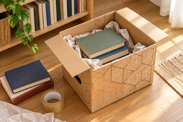Libros colocados en horizontal y protegidos con papel dentro de una caja pequeña de cartón para mudanza