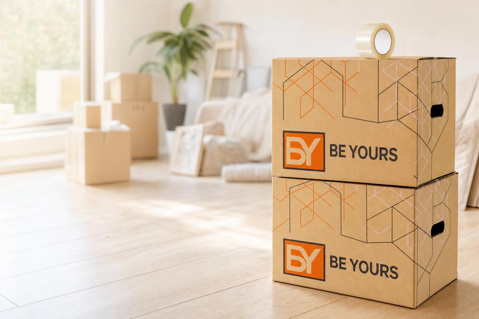 Cajas de cartón para mudanzas BeYours apiladas en un salón durante una mudanza